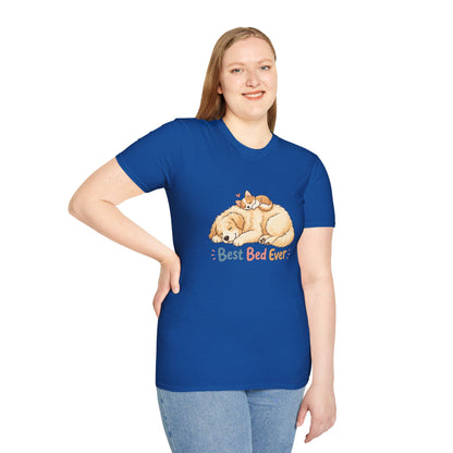 Best Bed Ever t-shirt, dog and kitten cozy cuddle illustration, royal