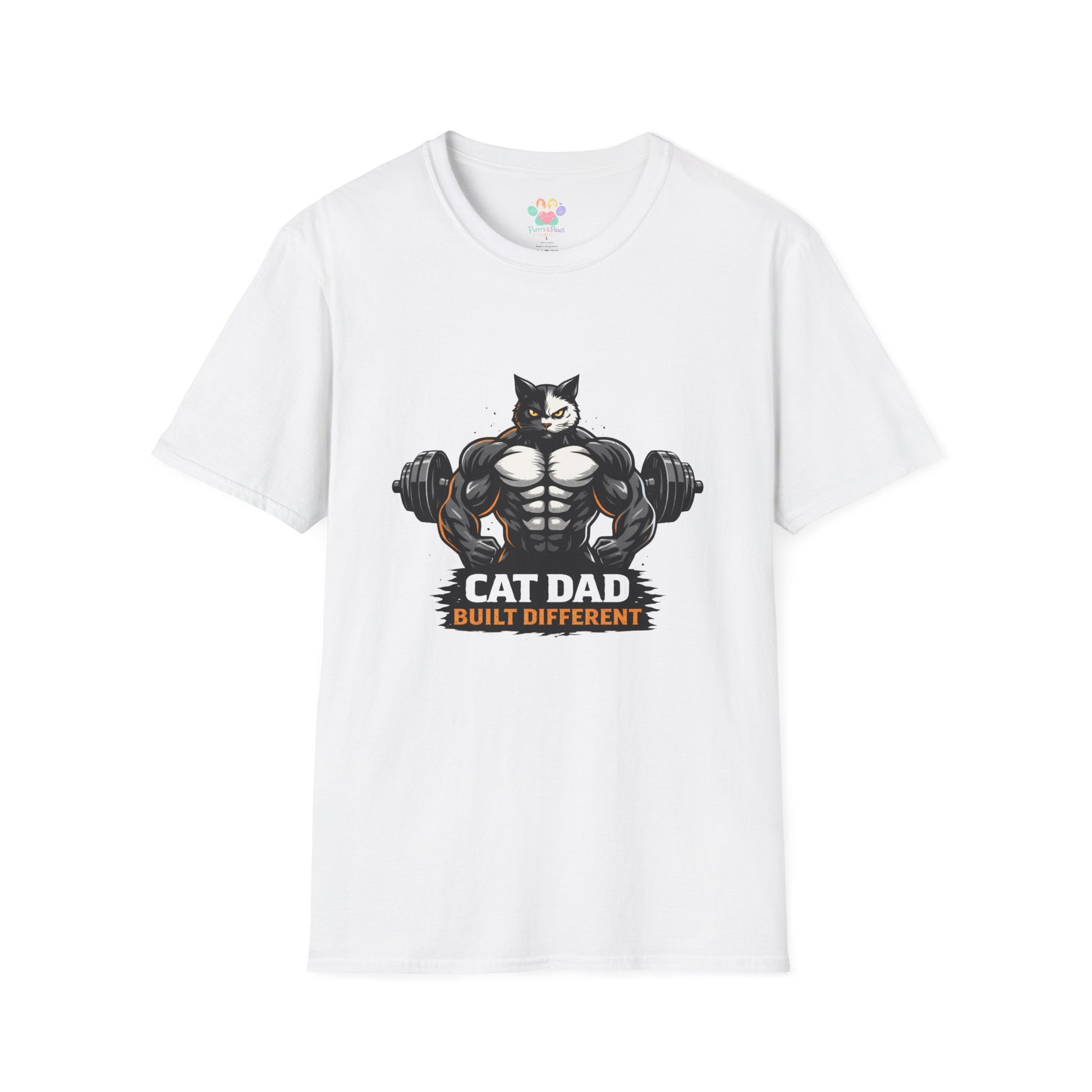 Cat Dad Built Different t-shirt, muscular cat bodybuilder graphic with dumbbells, funny cat dad gift shirt, white