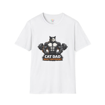 Cat Dad Built Different t-shirt, muscular cat bodybuilder graphic with dumbbells, funny cat dad gift shirt, white