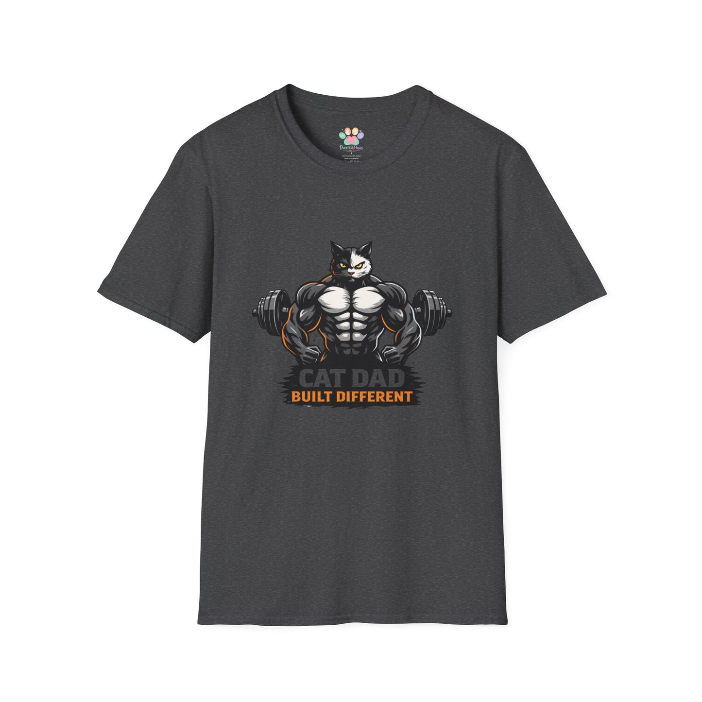 Cat Dad Built Different t-shirt, buff cat lifting dumbbells graphic, gym enthusiast cat owner apparel, dark heather