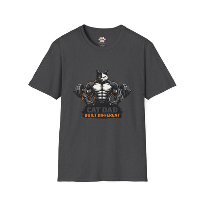 Cat Dad Built Different t-shirt, buff cat lifting dumbbells graphic, gym enthusiast cat owner apparel, dark heather