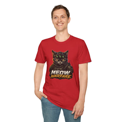 Meow Warfare t-shirt, funny tactical cat design with combat kitty illustration, red