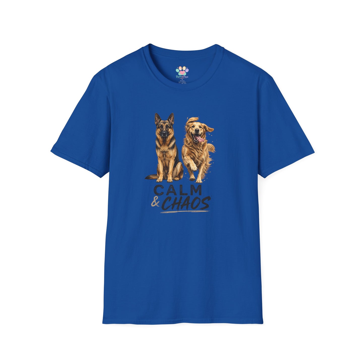 Calm & Chaos t-shirt, German Shepherd and Golden Retriever running/sitting graphic, royal