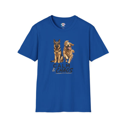 Calm & Chaos t-shirt, German Shepherd and Golden Retriever running/sitting graphic, royal
