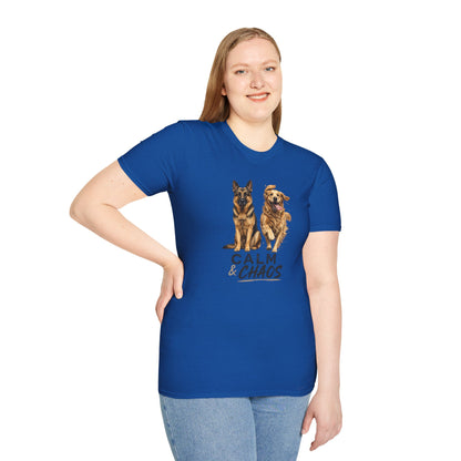 Calm & Chaos t-shirt, German Shepherd and Golden Retriever running/sitting graphic, royal