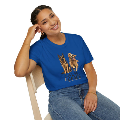 Calm & Chaos t-shirt, German Shepherd and Golden Retriever running/sitting graphic, royal