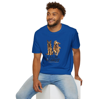 Calm & Chaos t-shirt, German Shepherd and Golden Retriever running/sitting graphic, royal