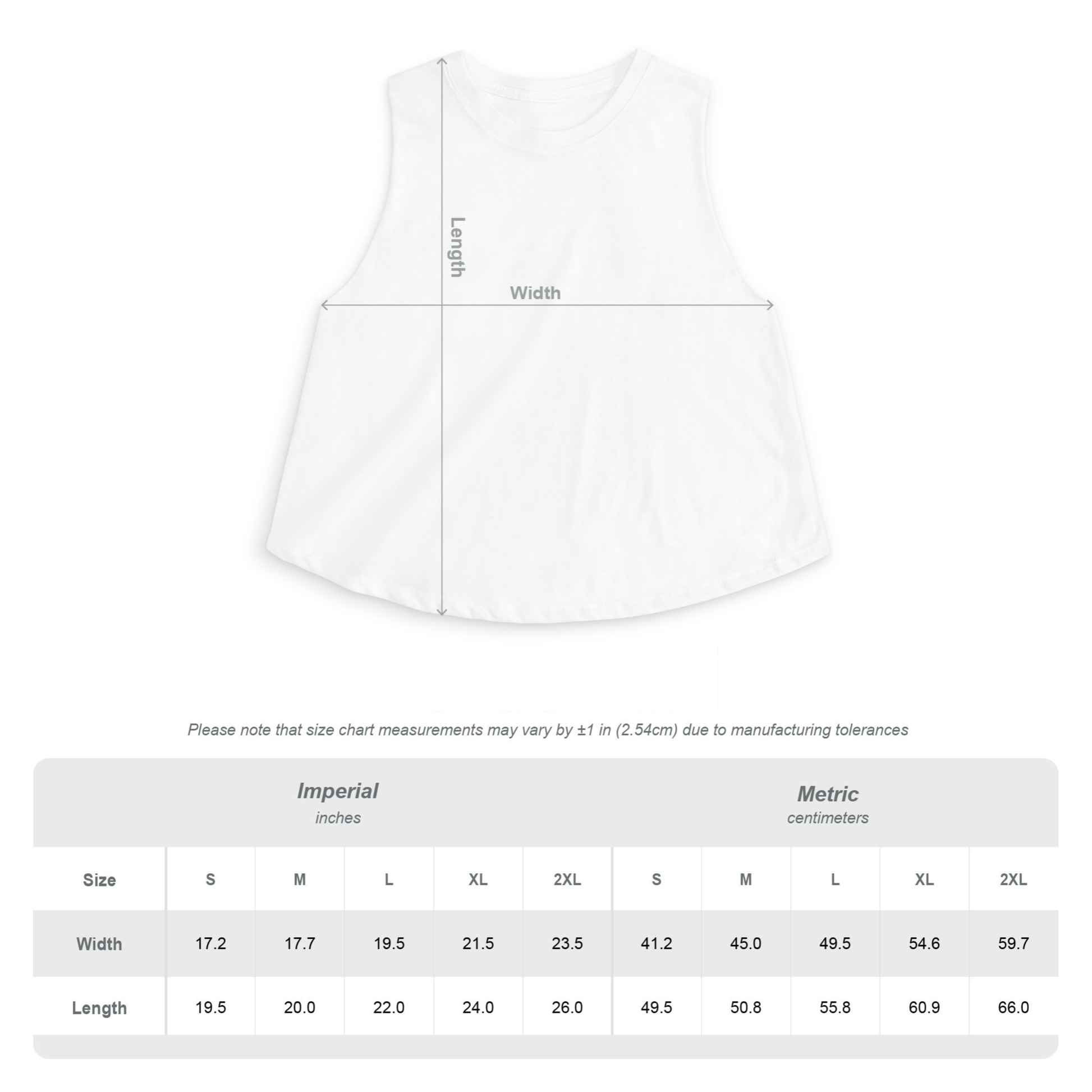 White tank top with measurement chart on a white background