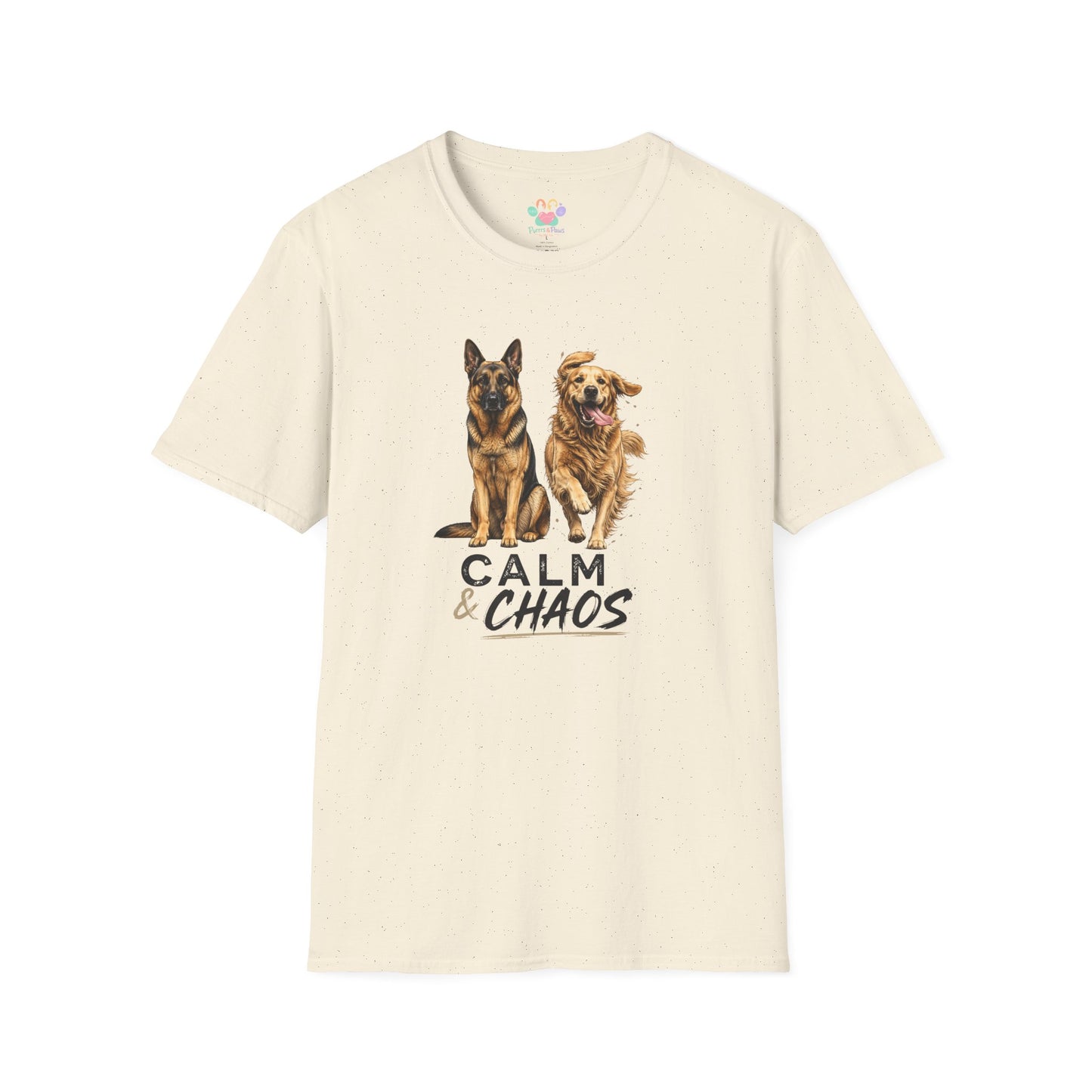 Calm & Chaos t-shirt, dog lovers dual personality design with two dogs illustration, natural