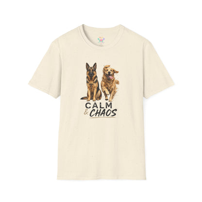 Calm & Chaos t-shirt, dog lovers dual personality design with two dogs illustration, natural