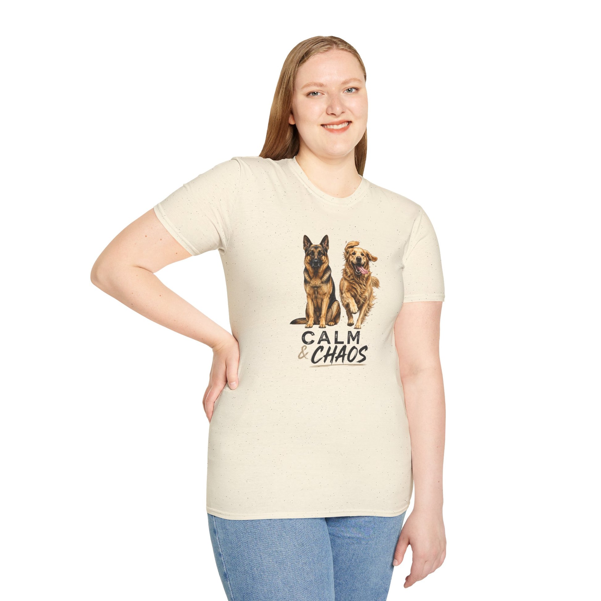 Calm & Chaos t-shirt, dog lovers dual personality design with two dogs illustration, natural