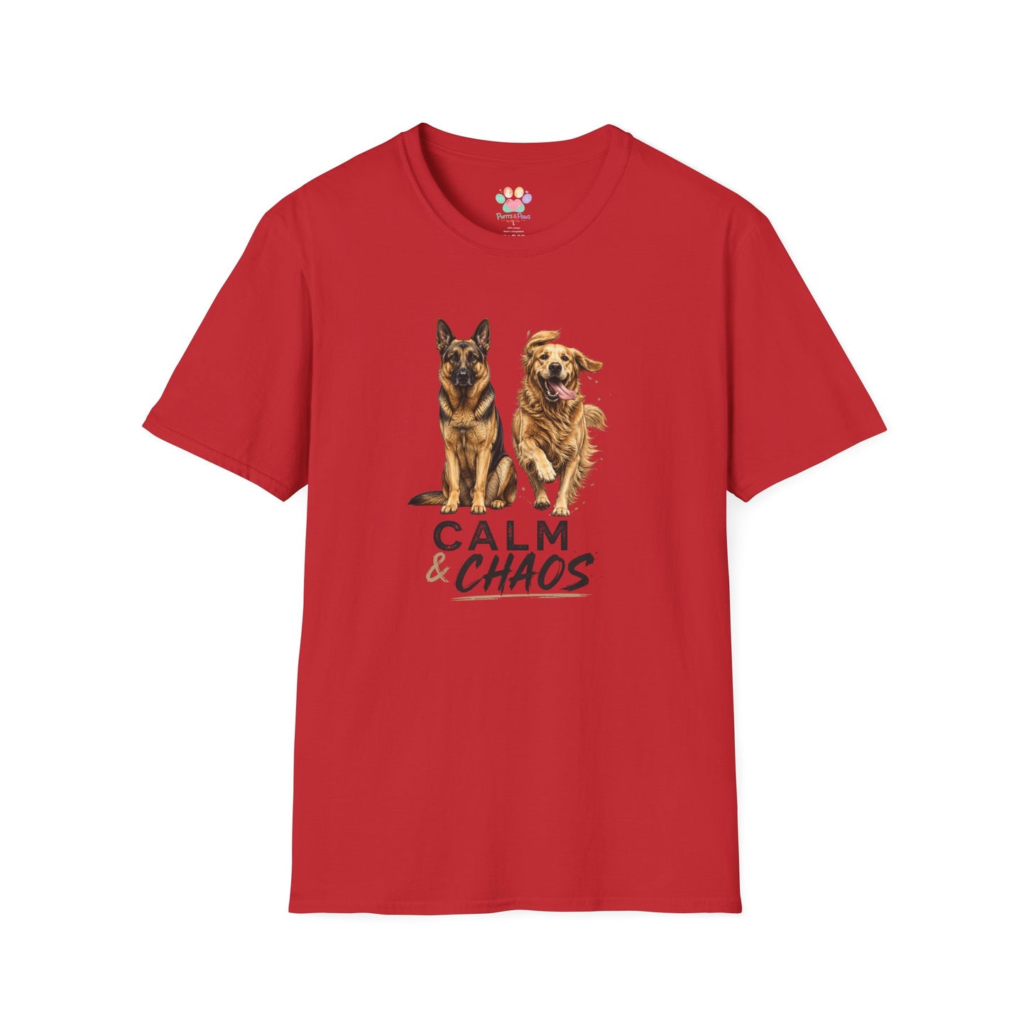 Calm & Chaos t-shirt, calm and energetic dog duo illustration, red