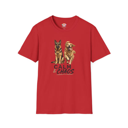 Calm & Chaos t-shirt, calm and energetic dog duo illustration, red