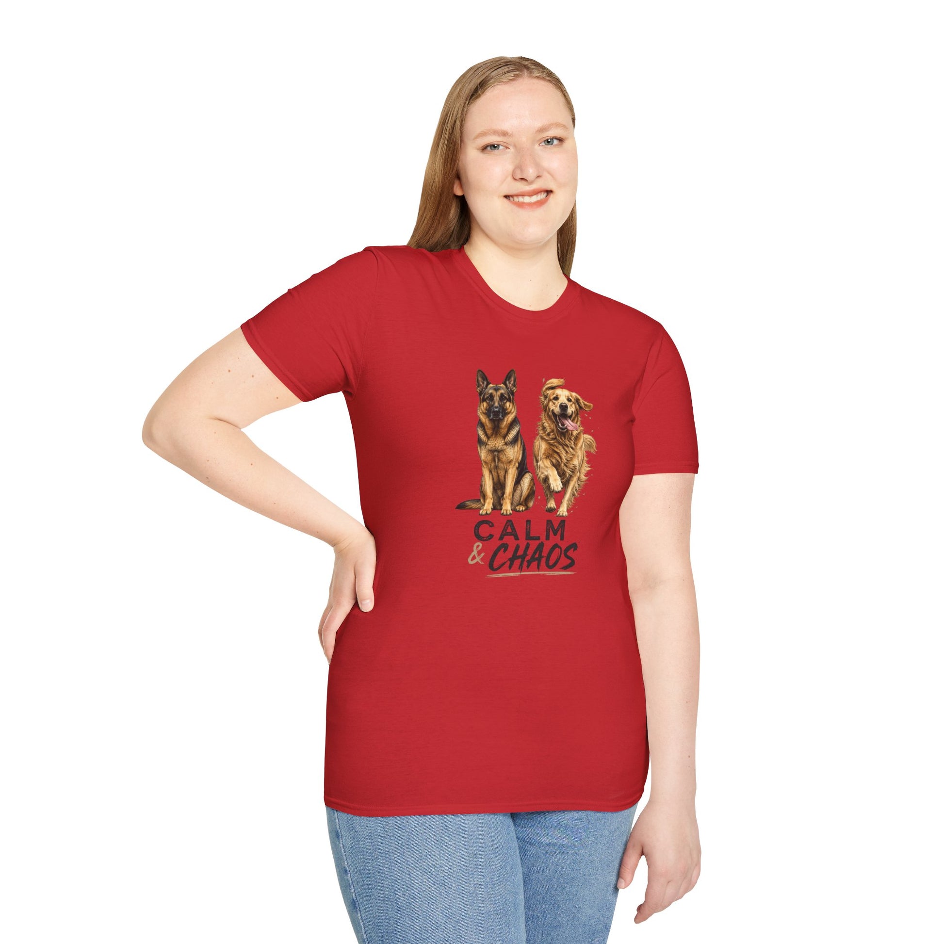 Calm & Chaos t-shirt, calm and energetic dog duo illustration, red