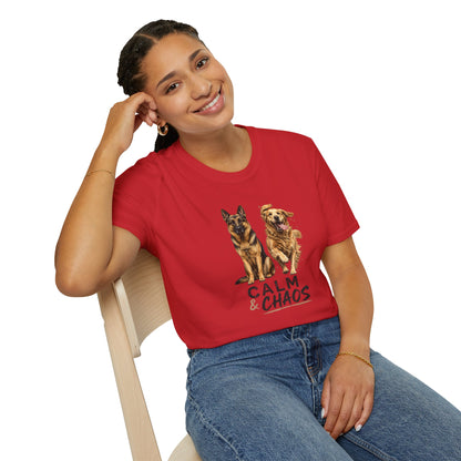 Calm & Chaos t-shirt, calm and energetic dog duo illustration, red