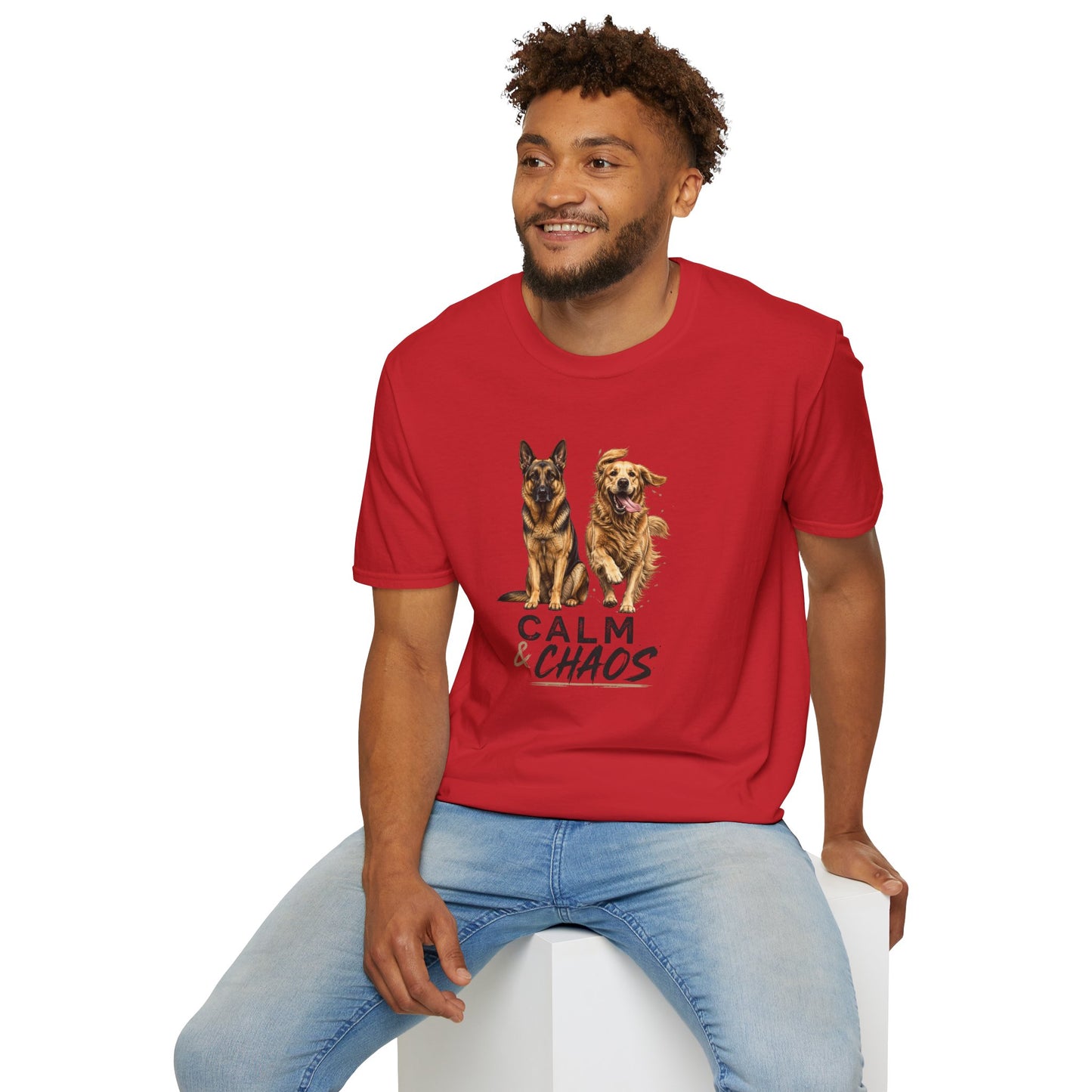 Calm & Chaos t-shirt, calm and energetic dog duo illustration, red
