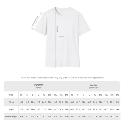 White t-shirt with measurement chart on a white background