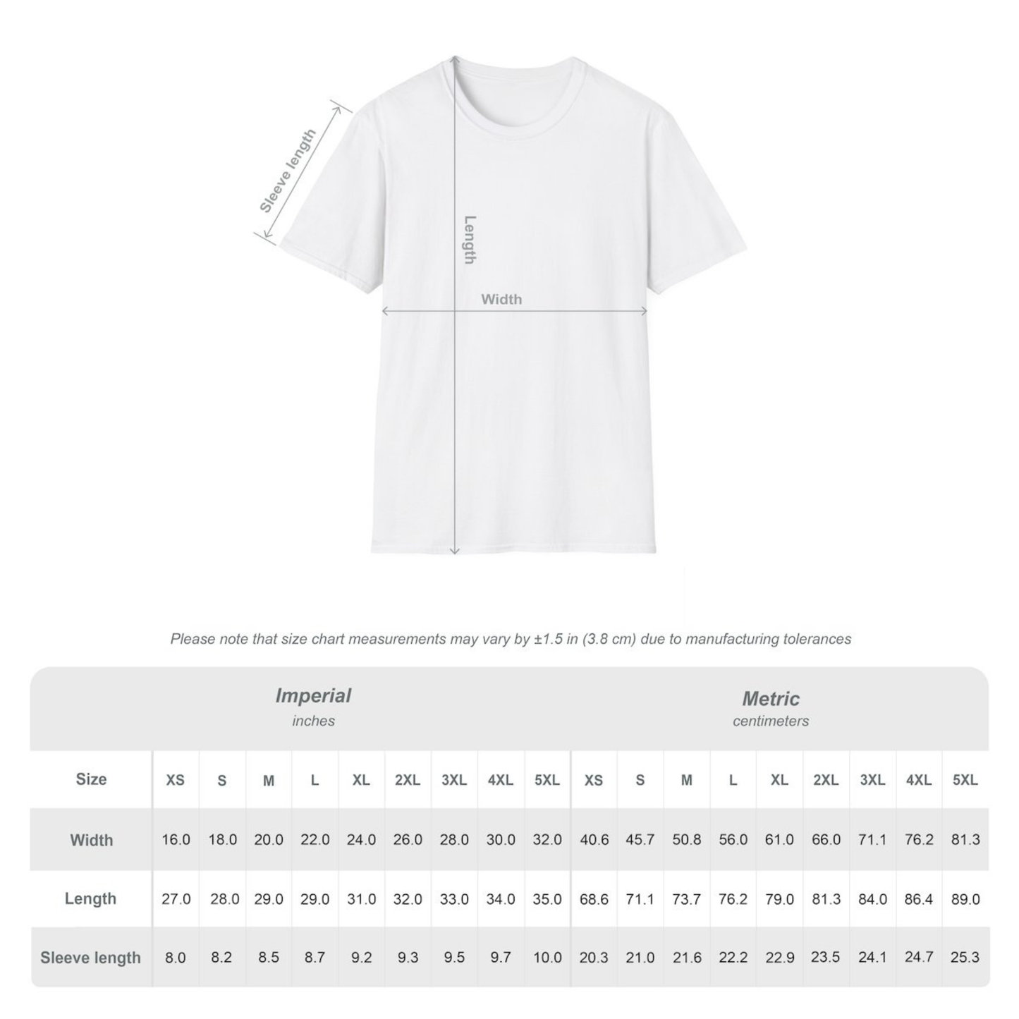White t-shirt with measurement chart on a white background