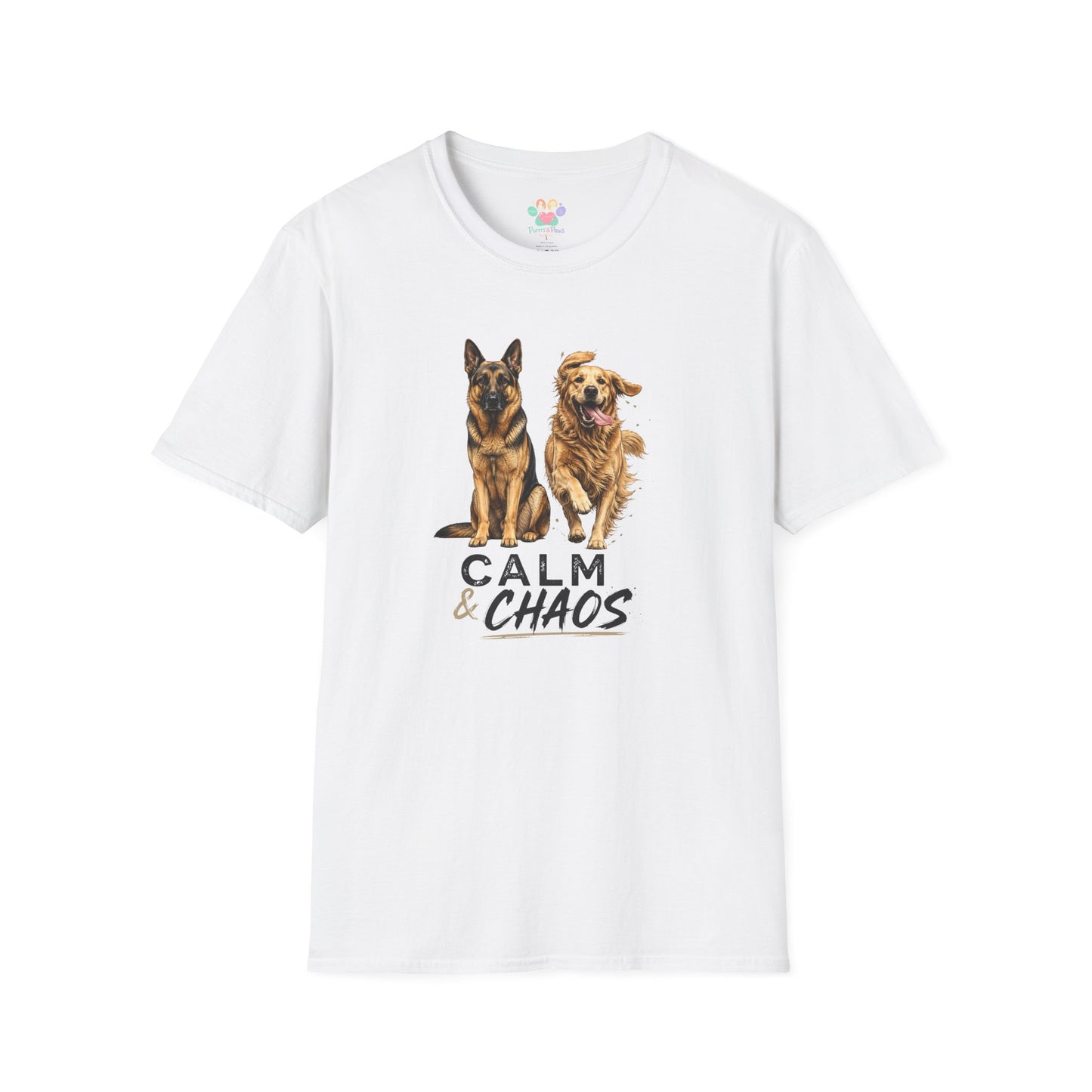 Calm & Chaos t-shirt, German Shepherd and Golden Retriever dog graphic, white