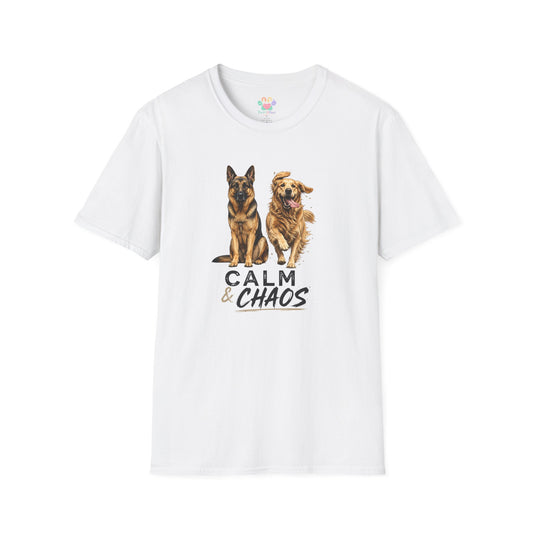Calm & Chaos t-shirt, German Shepherd and Golden Retriever dog graphic, white