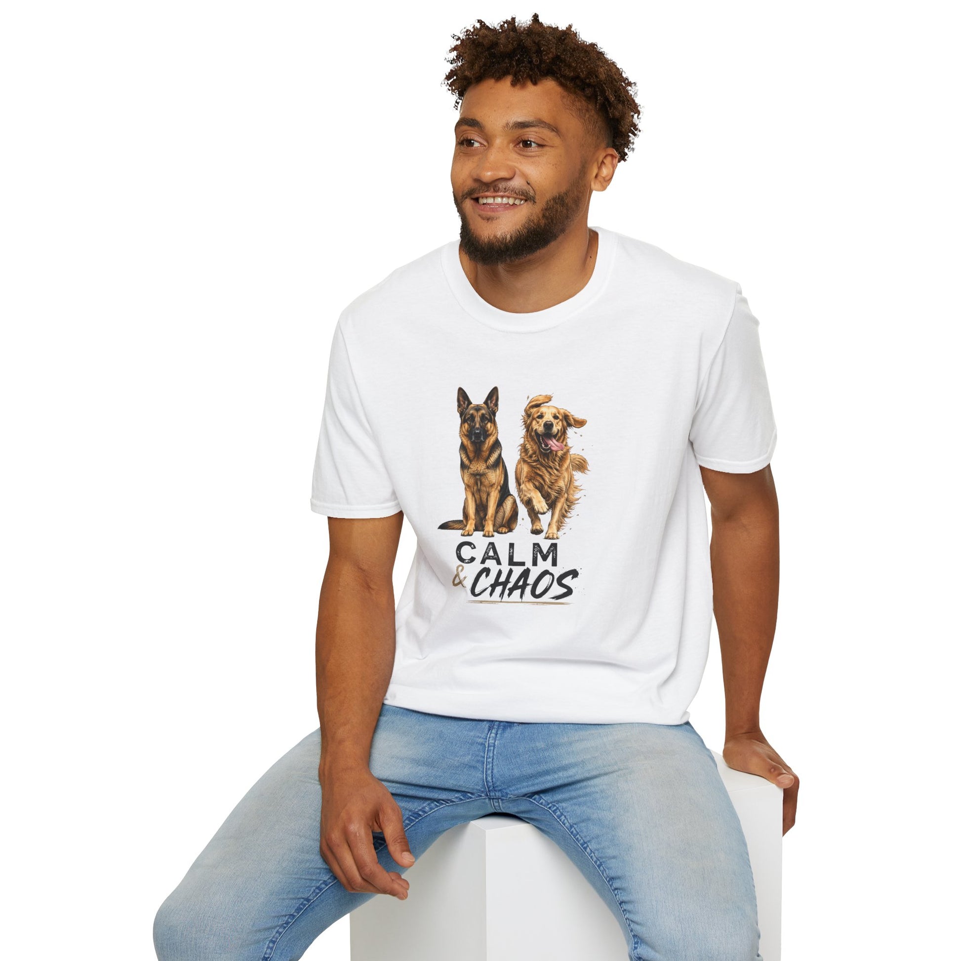 Calm & Chaos t-shirt, German Shepherd and Golden Retriever dog graphic, white